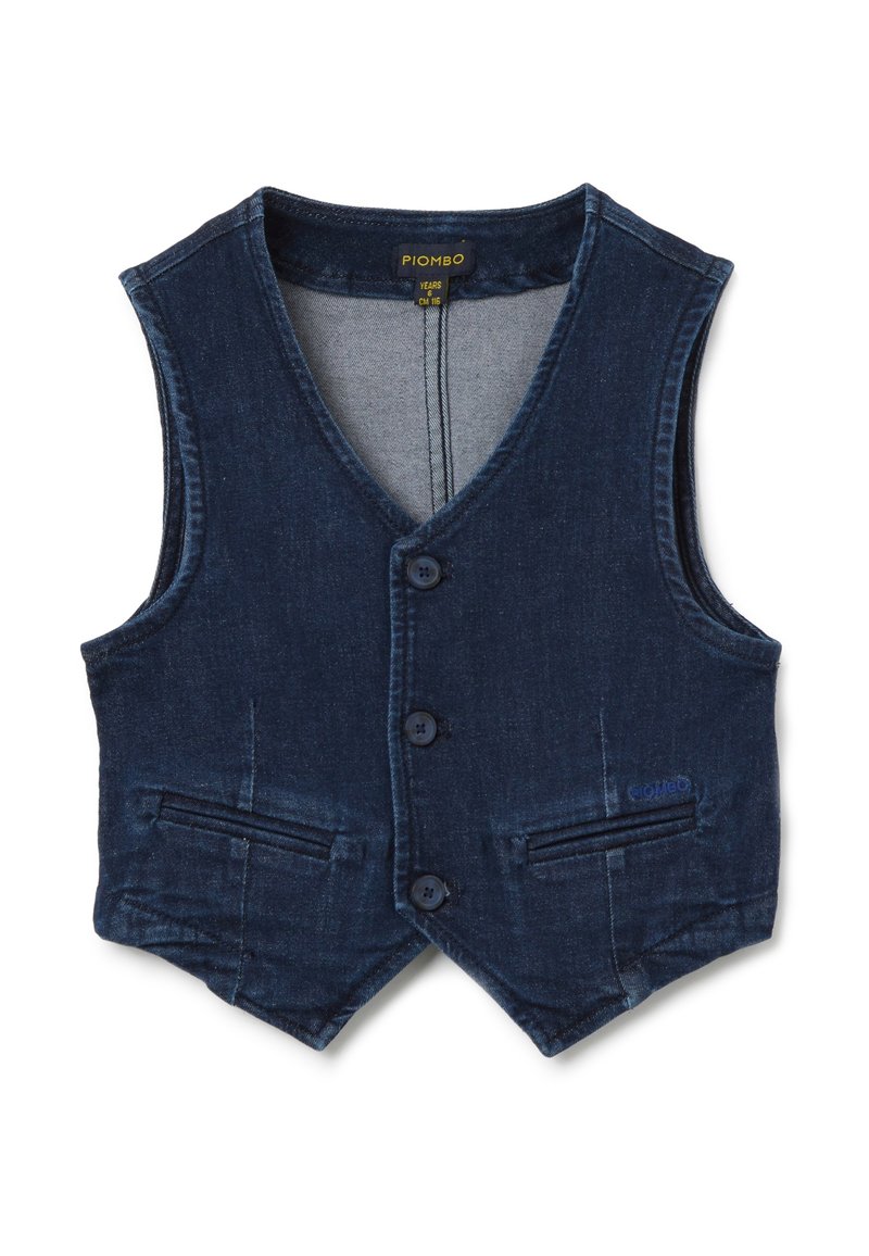 Marineblaues Denim-Weste mit V-Ausschnitt, vier Knöpfen und zwei Fronttaschen. Glatte Textur und subtile Details auf dem Stoff.