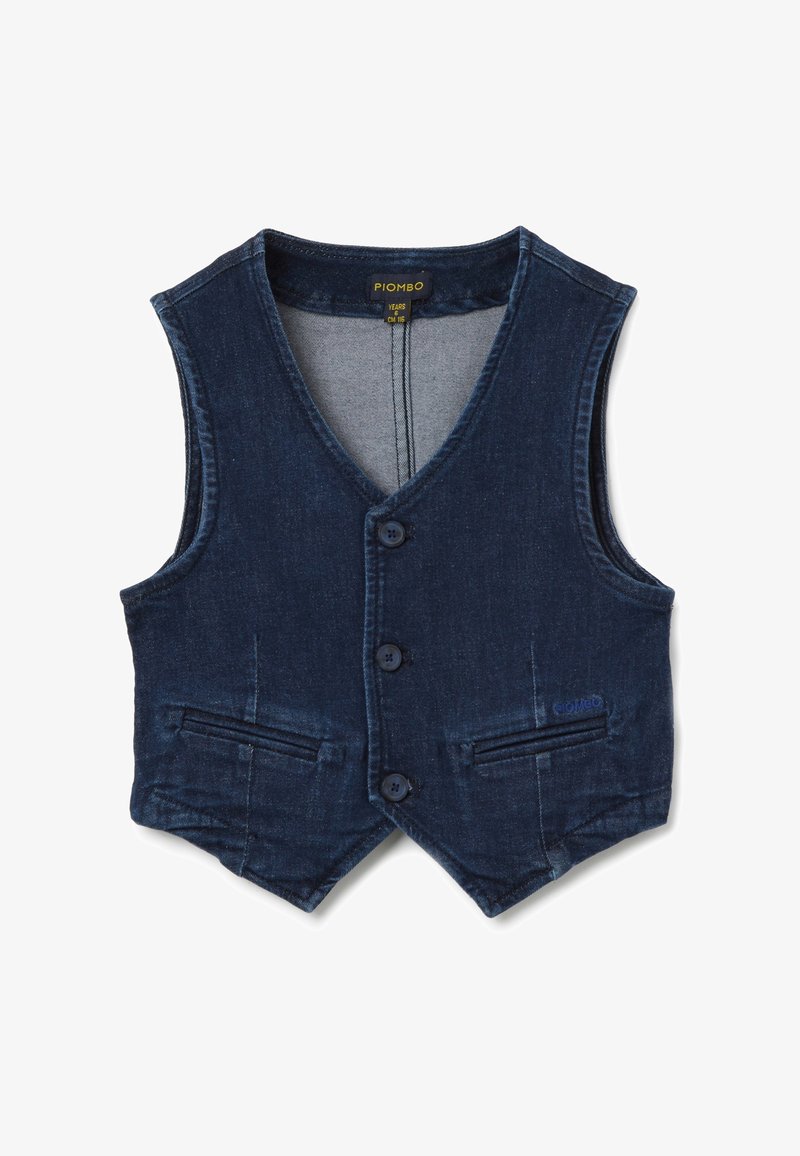 Chaleco de denim azul marino con escote en V, cuatro botones y dos bolsillos frontales. Textura suave y detalles sutiles en la tela.