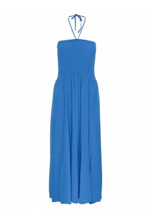 Vestido largo sin mangas de color azul con cuerpo fruncido y falda fluida. Hecho de tela ligera, cuenta con cintas en el cuello para ajuste.