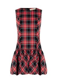 Abito senza maniche in tartan rosso e nero con un corpetto aderente e un orlo svasato con volant.