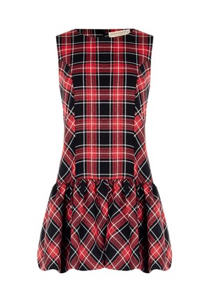 Abito senza maniche in tartan rosso e nero con un corpetto aderente e un orlo svasato con volant.