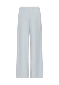 Šviesiai mėlynos plačios kelnės su elastine juosta, lygia tekstūra ir be ryškių raštų ar aparatūros detalių.
