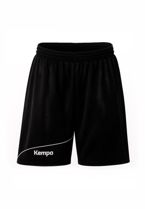 Shorts de sport en mesh noir avec ceinture élastique, logo Kempa blanc et ligne courbée près de l'ourlet gauche.