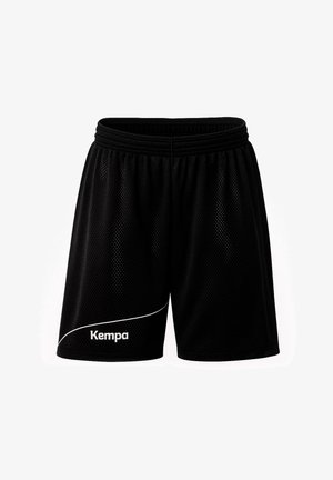 Schwarze Sportshorts aus Mesh mit elastischem Bund, weißem Kempa-Logo und geschwungener Linie nahe am linken Saum.