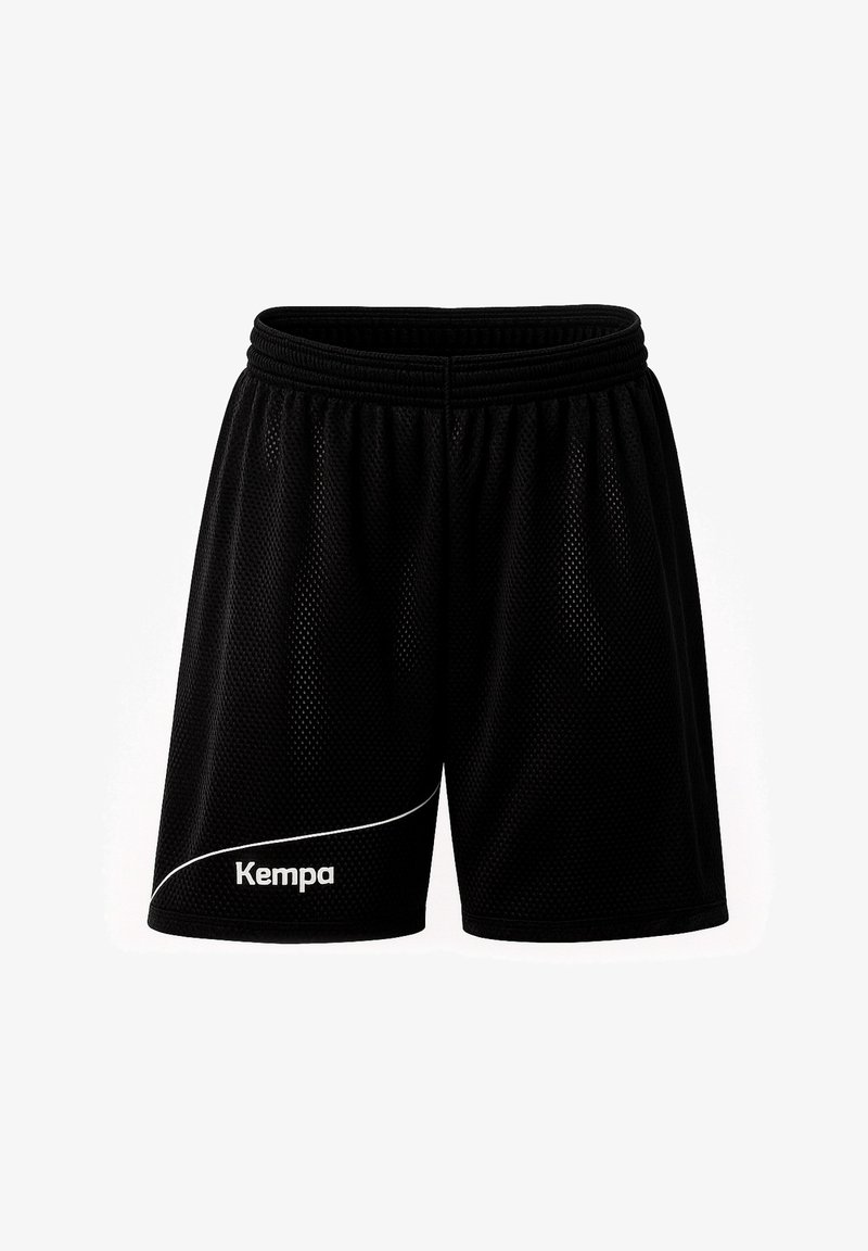 Shorts de sport en mesh noir avec ceinture élastique, logo Kempa blanc et ligne courbée près de l'ourlet gauche.