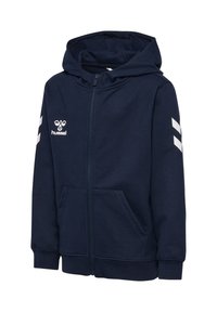 Mörkblå zip-up hoodie med vit hummel-logotyp på bröstet och vita chevron-ränder på ärmarna, med framficka och huva.