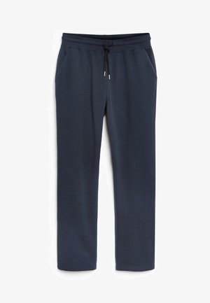 Navy blue sweatpants made of soft fabric, featuring a drawstring waist, two side pockets, and elasticized cuffs at the ankles.