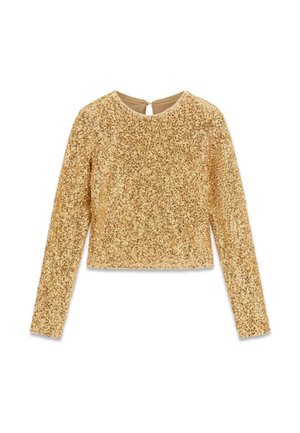 Goldfarbenes, mit Pailletten besetztes Crop-Top mit langen Ärmeln und rundem Ausschnitt. Mit einem Schlüssellochverschluss auf der Rückseite. Glattes Innenfutter.