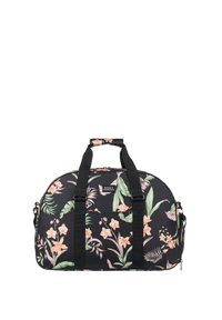 Černá taška přes rameno s květinovým vzorem, která má růžové orchideje a zelené listy, dvoučerné popruhy a přední kapsu. Vyrobena z odolné tkaniny.