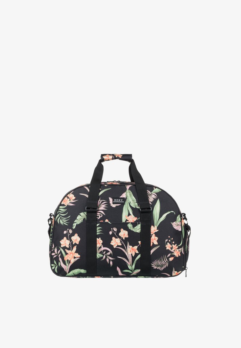 Svart duffelväska med blommönster, prydd med rosa orkidéer och gröna blad, dubbla svarta remmar och en framficka. Tillverkad av slitstarkt tyg.