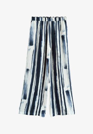 Bukser med vide ben i et struktureret stof med lodrette blå og hvide striber. Elastisk talje for komfort. Blødt, åndbart materiale.