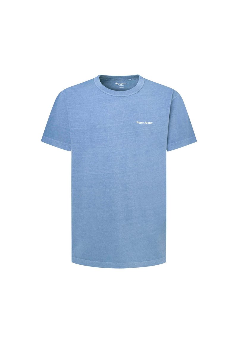Hellblaues Baumwoll-T-Shirt mit Rundhalsausschnitt, kurzen Ärmeln und einem kleinen weißen Logo auf der Brust. Glatte Textur, reguläre Passform.