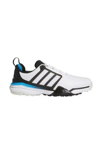 Λευκό αθλητικό παπούτσι με μαύρες λεπτομέρειες, με τρεις λευκές ρίγες. Υφή σόλας και ανοιχτό μπλε λεπτομέρειες στη μεσαία σόλα.