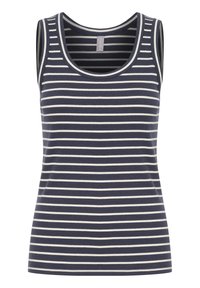 Navyblå ribbad linne med vita horisontella ränder, rundad halsringning och breda axelremmar. Lättvikts tygstruktur.