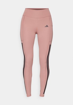 Pink athletic leggings with black side stripes and a high waist. Made of stretchy fabric, featuring a sleek, fitted silhouette.