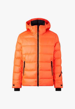 Leuchtend orangefarbene Steppjacke mit fest angenähter Kapuze, schwarzem Reißverschluss und Seitentaschen. Verfügt über ein gestepptes Design und kontrastierende schwarze Bündchen.