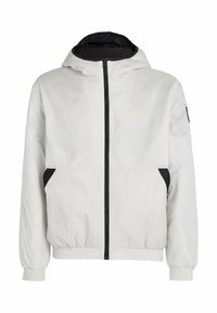 Veste légère blanche avec des accents noirs, dotée d'une capuche, d'une fermeture éclair à l'avant, de poignets élastiques et de poches latérales. Matériau synthétique lisse.