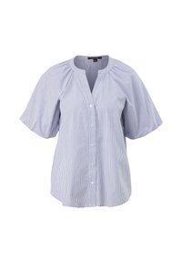 Blouse à manches courtes à rayures verticales bleu clair et blanc, avec boutons sur le devant et encolure ronde avec légère fente.