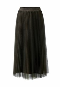Pleated midi skirt in dark black tulle with an elastic waistband, featuring a layered design and delicate texture for a flowing appearance.