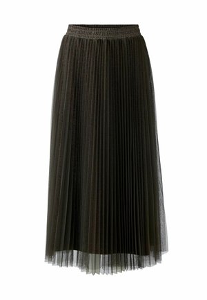 Faltender Midirock aus dunklem schwarzen Tüll mit einem elastischen Bund, der ein geschichtetes Design und eine zarte Textur für ein fließendes Erscheinungsbild aufweist.