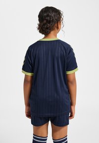 Marinblå sporttröja med gröna detaljer, med vertikala ränder och korta ärmar; bärs tillsammans med matchande marinblå shorts och randiga strumpor.