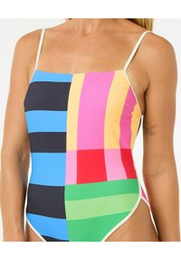 Kleurvolle badpak met een patchwork ontwerp met strepen in tinten blauw, roze, geel, rood en groen. Dunne bandjes en een ronde halslijn.