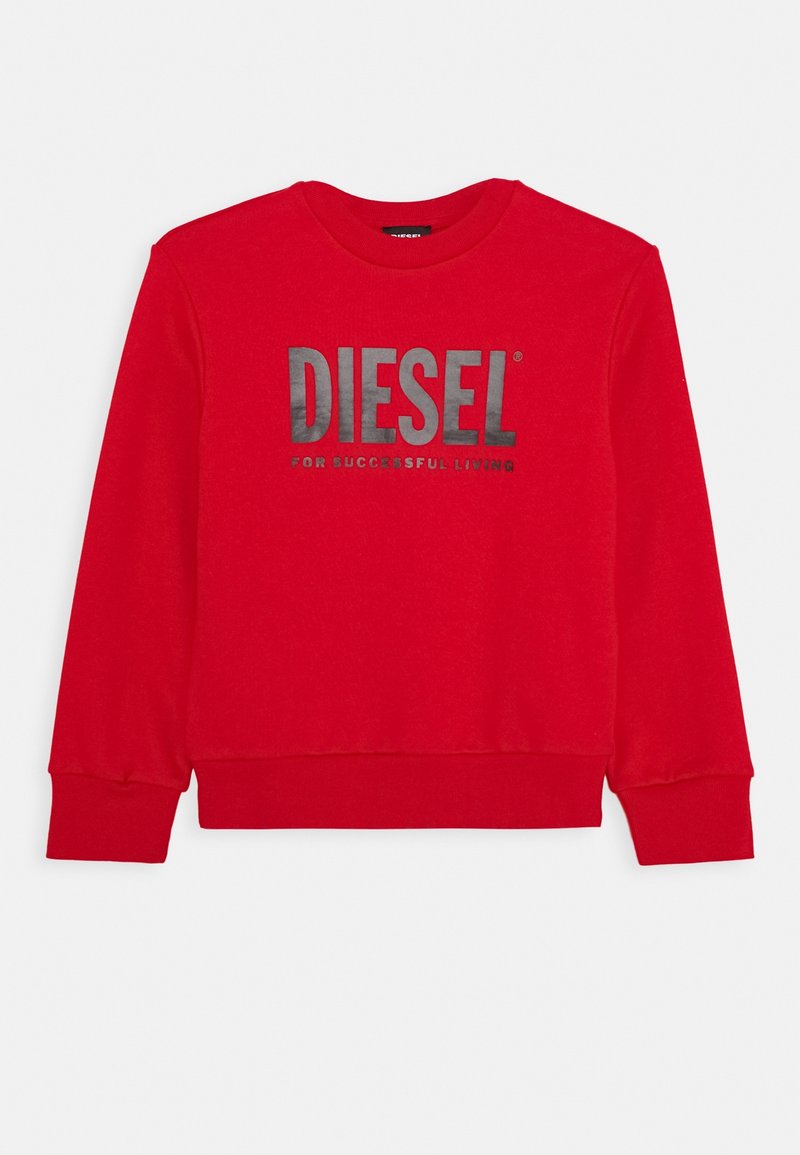 Sweat-shirt rouge à manches longues avec poignets et ourlet côtelés, comportant un grand texte noir "DIESEL" et un plus petit slogan "FOR SUCCESSFUL LIVING" à l'avant.