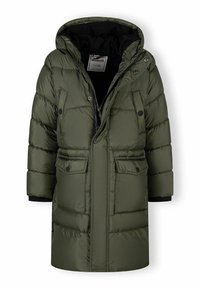 Zelena napihnjena jakna s kapuco, z zadrgo spredaj, dvema sprednjima žepoma z pokrovom in ribastimi manšetami. Gladek, sijajen material.