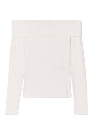 Witte geribbelde lange mouwen off-shoulder top met brede opgevouwen halslijn en aansluitende silhouet.
