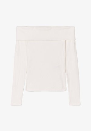 Weißes, geripptes Langarm-Oberteil mit schulterfreiem Design, weitem, umgeschlagenem Kragen und figurbetonter Silhouette.