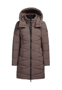 Lange bruine gewatteerde winterjas met capuchon, voorrits, drukknoopsluiting op de kraag, twee zakken en een diagonaal gestikt patroon.