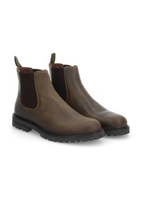 Bottines Chelsea en cuir marron avec des panneaux élastiques, des languettes de tirage et des semelles en caoutchouc robustes. Fini lisse avec un design minimaliste et sans motifs visibles.