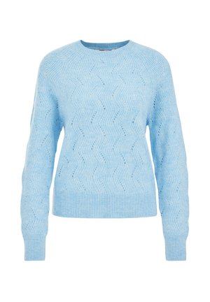 Pull en tricot bleu clair avec un motif ondulé, encolure ras du cou, et bords côtelés au niveau des poignets et de l'ourlet. Fabriqué à partir d'un fil à la texture douce.