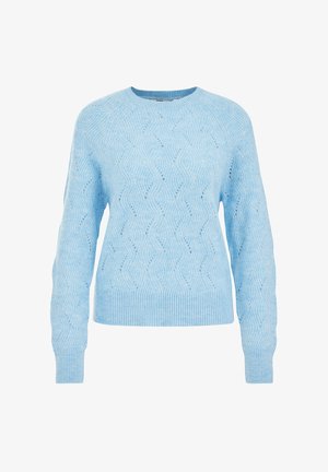 Svetlo modra pletena majica z valovitimi vzorci, okroglo izrezana in z rebrastimi manšetami ter obrobo. Narejena iz mehke preje.