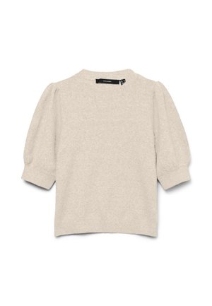 Beige neulottu lyhythihainen neulepaita, jossa on liehuvat hihat, resorit hihansuissa, pyöreä pääntie ja musta merkkilappu kauluksen sisäpuolella.