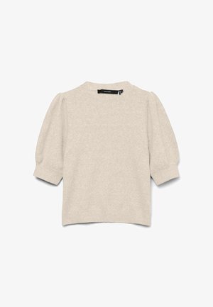 Pull beige en maille à manches courtes avec manches bouffantes et poignets côtelés, col rond et étiquette de marque noire à l'intérieur du col.