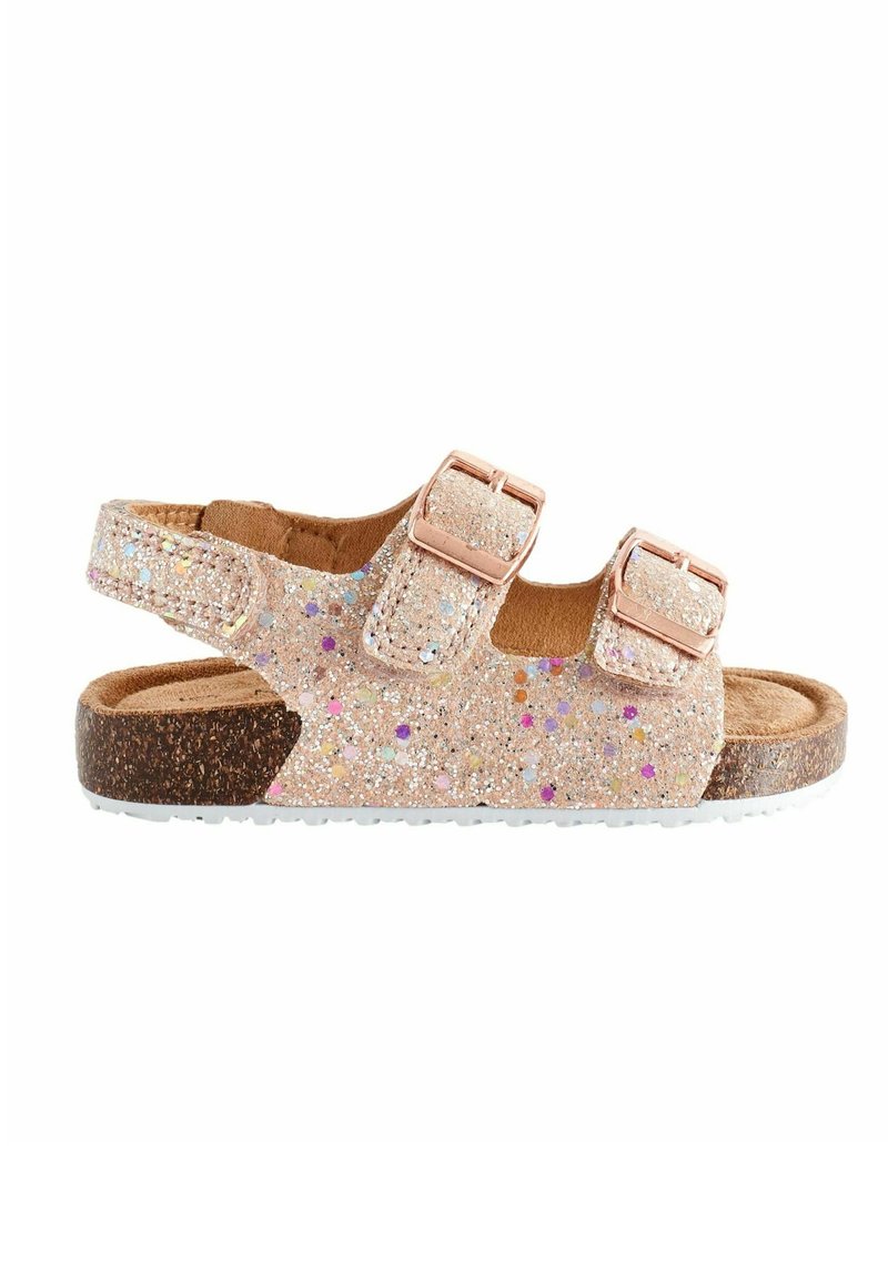 Glitzerndes rosa Sandale mit zwei verstellbaren Riemen, Synthetik-Obermaterial, braunem Fußbett und weißer Gummisohle. Mit bunten Glitzerelementen.