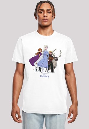 White cotton t-shirt featuring cartoon characters from Disney's "Frozen II." Design includes Anna, Elsa, Olaf, Kristoff, and Sven.