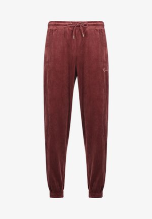 Pantalon de jogging en daim bordeaux avec taille élastique, cordon de serrage, bas côtelés et broderie subtile du logo sur la cuisse gauche.