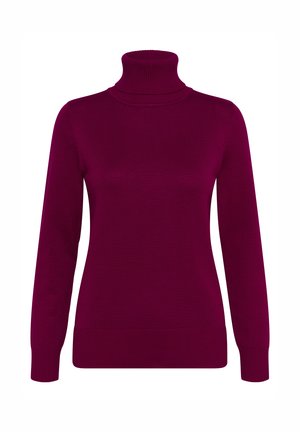 Bordeaux coltrui van ribbeltricot, met lange mouwen en een aansluitende pasvorm met een hoge hals.