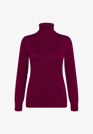 Bordeaux coltrui van ribbeltricot, met lange mouwen en een aansluitende pasvorm met een hoge hals.