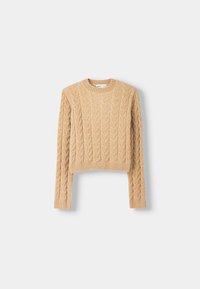 Krátký svetřík s copánkovým vzorem v béžové barvě. Má dlouhé rukávy, kulatý výstřih a žebrovaný lem. Měkká textura s propracovanými vzory.