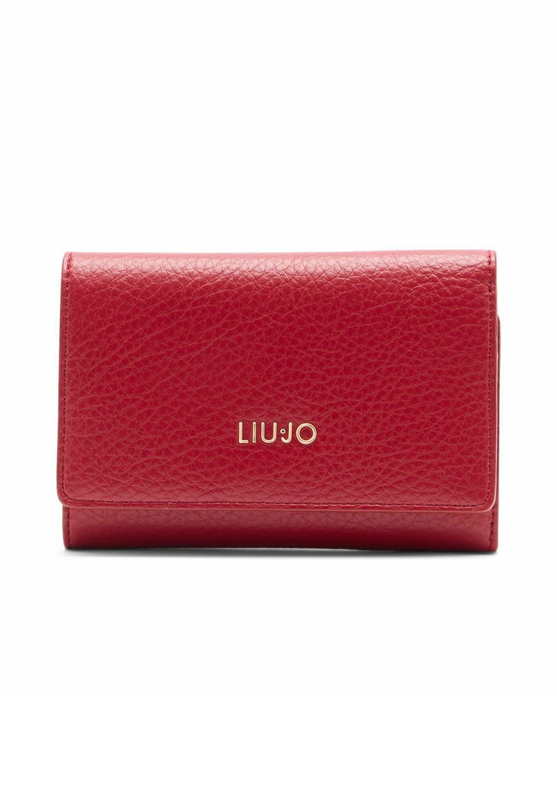 Punane nahast rahakott, millel on tekstureeritud viimistlus. Esipaneelil on kuldne "LIUJO" logo. Kompaktne ristkülikukujuline disain, millel on klõpsuga sulgur.