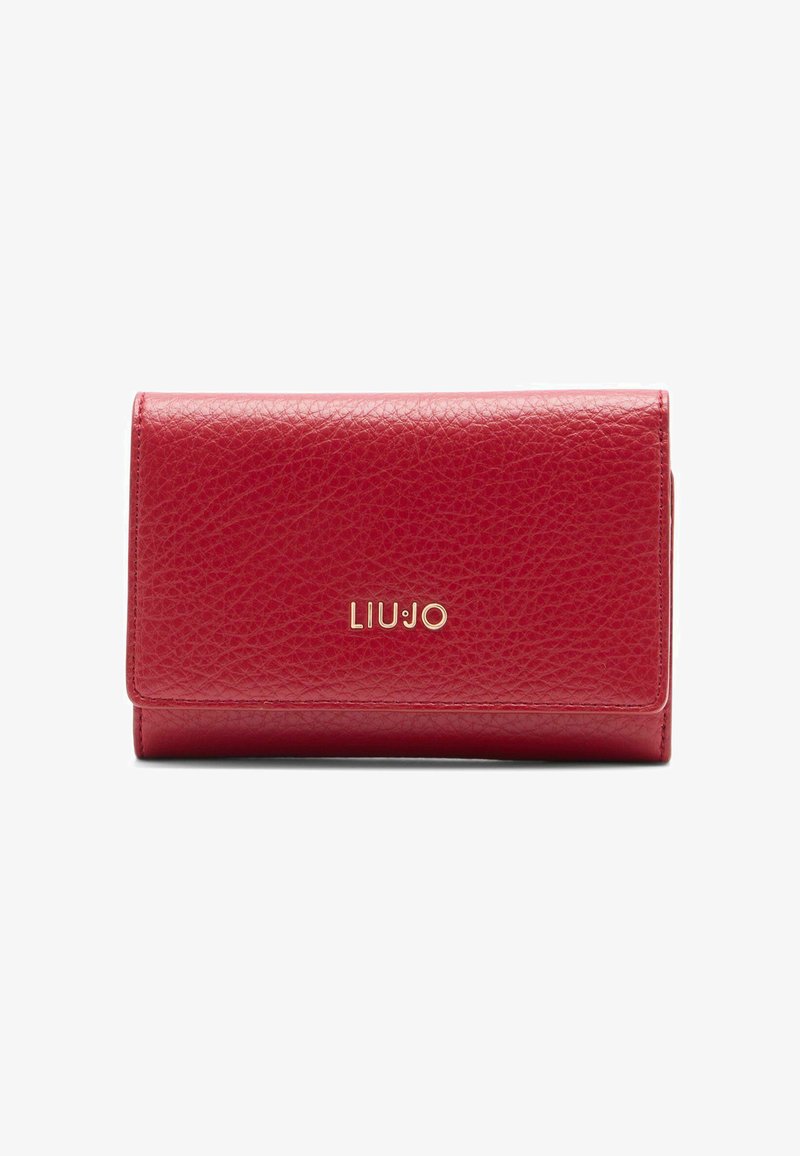 Punane nahast rahakott, millel on tekstureeritud viimistlus. Esipaneelil on kuldne "LIUJO" logo. Kompaktne ristkülikukujuline disain, millel on klõpsuga sulgur.
