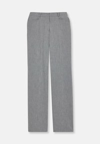 Grijze rechte broek gemaakt van een textiele stof, met een enkele knoop aan de voorkant, riemlussen en twee zijzakken.