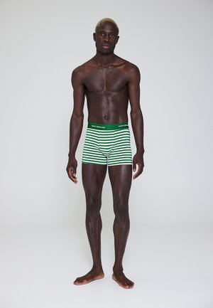 Grønne og hvide stribede boxershorts med en ensfarvet grøn talje. Stofmaterialet ser glat og strækbart ud. Modellen står barfodet mod en neutral baggrund.