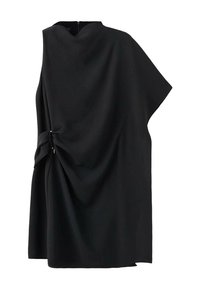 Zwarte mouwloze top gemaakt van gladde stof, met gedrapeerde details en een knoop aan de zijkant. Minimalistisch ontwerp met een hoge halslijn.