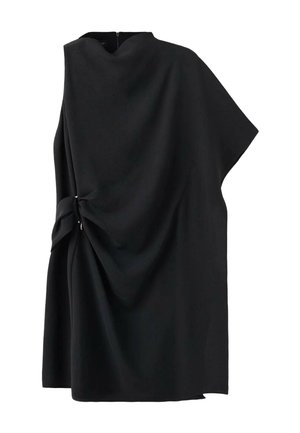 Črni brezrokavnik iz gladkega blaga z drapirano detajlom in stranskim vozlom. Minimalističen dizajn z visokim ovratnikom.