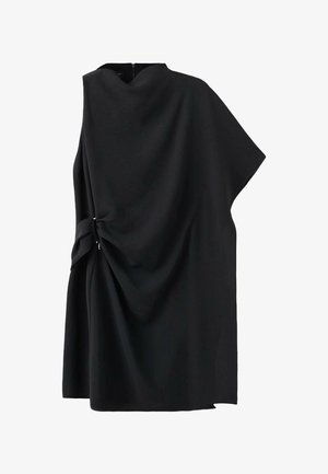 Črni brezrokavnik iz gladkega blaga z drapirano detajlom in stranskim vozlom. Minimalističen dizajn z visokim ovratnikom.