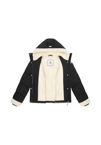 Svart puffjacka med huva, beige fleecefoder och fleece-muddar, öppen för att visa insidan och varumärkesetikett.